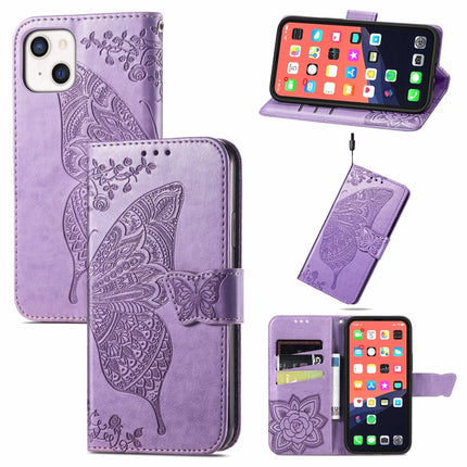 Butterfly Love Flower Embossed Horizontal Flip Leather Case with Bracket / Card Slot / Wallet / Lanyard For iPhone 13(Light Purple)-garmade.com