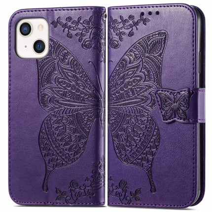 Butterfly Love Flower Embossed Horizontal Flip Leather Case with Bracket / Card Slot / Wallet / Lanyard For iPhone 13(Dark Purple)-garmade.com