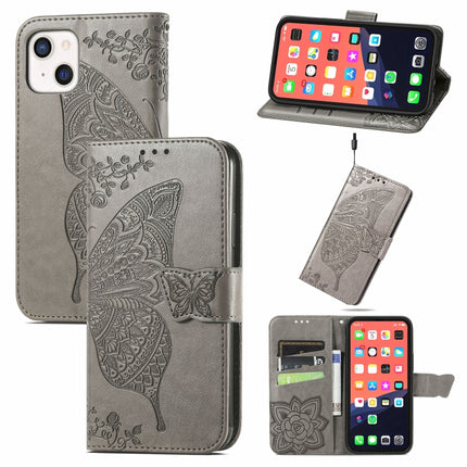 Butterfly Love Flower Embossed Horizontal Flip Leather Case with Bracket / Card Slot / Wallet / Lanyard For iPhone 13(Grey)-garmade.com