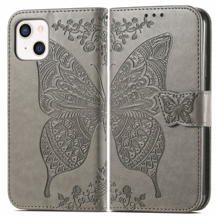 Butterfly Love Flower Embossed Horizontal Flip Leather Case with Bracket / Card Slot / Wallet / Lanyard For iPhone 13(Grey)-garmade.com