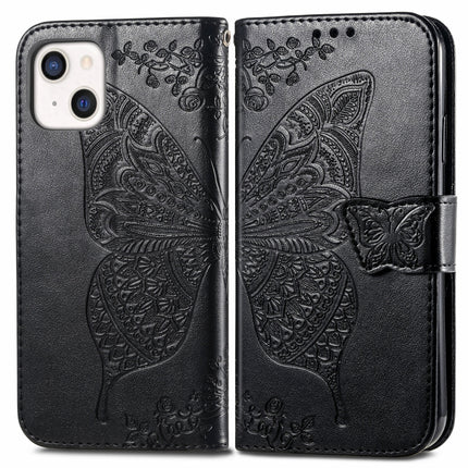 Butterfly Love Flower Embossed Horizontal Flip Leather Case with Bracket / Card Slot / Wallet / Lanyard For iPhone 13 mini(Black)-garmade.com