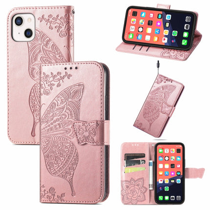 Butterfly Love Flower Embossed Horizontal Flip Leather Case with Bracket / Card Slot / Wallet / Lanyard For iPhone 13 mini(Rose Gold)-garmade.com