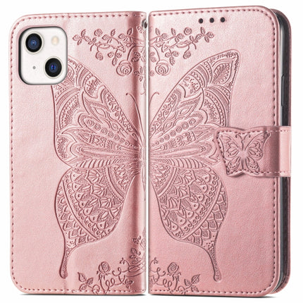 Butterfly Love Flower Embossed Horizontal Flip Leather Case with Bracket / Card Slot / Wallet / Lanyard For iPhone 13 mini(Rose Gold)-garmade.com