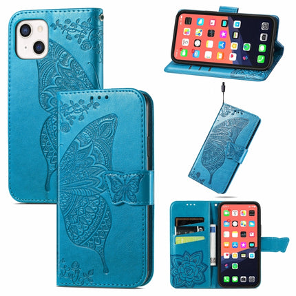 Butterfly Love Flower Embossed Horizontal Flip Leather Case with Bracket / Card Slot / Wallet / Lanyard For iPhone 13 mini(Blue)-garmade.com