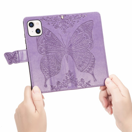 Butterfly Love Flower Embossed Horizontal Flip Leather Case with Bracket / Card Slot / Wallet / Lanyard For iPhone 13 mini(Light Purple)-garmade.com