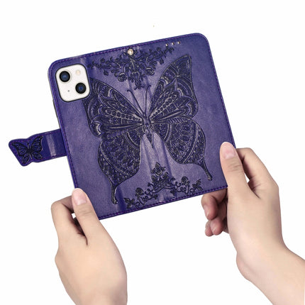 Butterfly Love Flower Embossed Horizontal Flip Leather Case with Bracket / Card Slot / Wallet / Lanyard For iPhone 13 mini(Dark Purple)-garmade.com