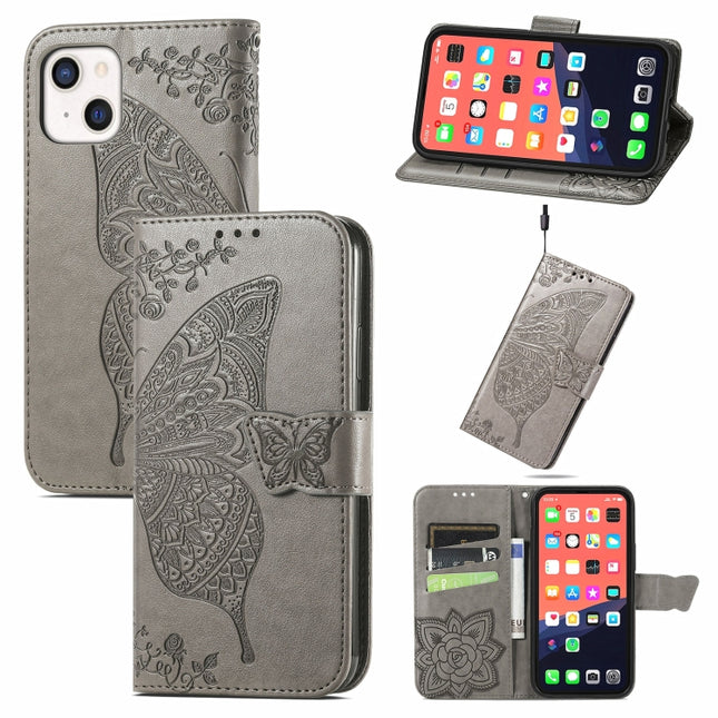 Butterfly Love Flower Embossed Horizontal Flip Leather Case with Bracket / Card Slot / Wallet / Lanyard For iPhone 13 mini(Grey)-garmade.com