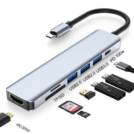 7 In 1 HDMI+SD/TF+USB2.0x2+USB3.0+PD to Type-C HUB Docking Station-garmade.com