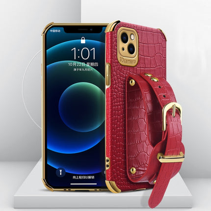 Electroplated TPU Crocodile Pattern Leather Case with Wrist Strap For iPhone 13 Pro Max(Red)-garmade.com