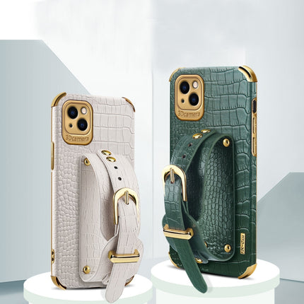 Electroplated TPU Crocodile Pattern Leather Case with Wrist Strap For iPhone 13 Pro Max(White)-garmade.com