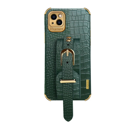 Electroplated TPU Crocodile Pattern Leather Case with Wrist Strap For iPhone 13(Green)-garmade.com