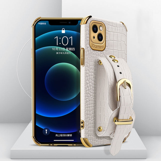 Electroplated TPU Crocodile Pattern Leather Case with Wrist Strap For iPhone 13(White)-garmade.com
