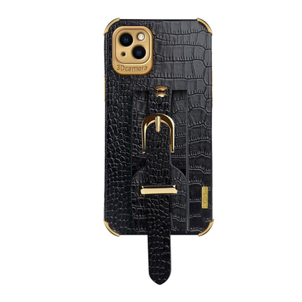 Electroplated TPU Crocodile Pattern Leather Case with Wrist Strap For iPhone 13 mini(Black)-garmade.com