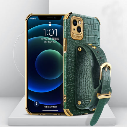 Electroplated TPU Crocodile Pattern Leather Case with Wrist Strap For iPhone 13 mini(Green)-garmade.com