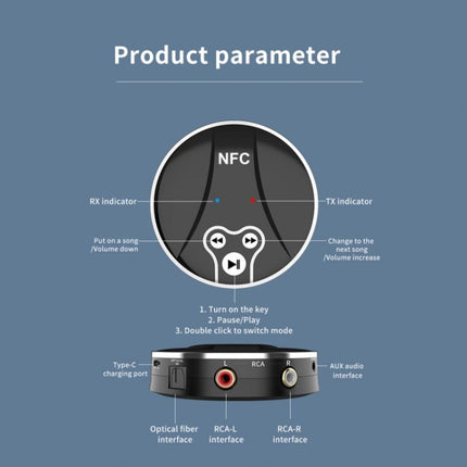 BT-18 5.0 Bluetooth 5.0 Adapter NFC Sensing HD Stereo Sound Receiver Transmitter For Speaker / Headset-garmade.com