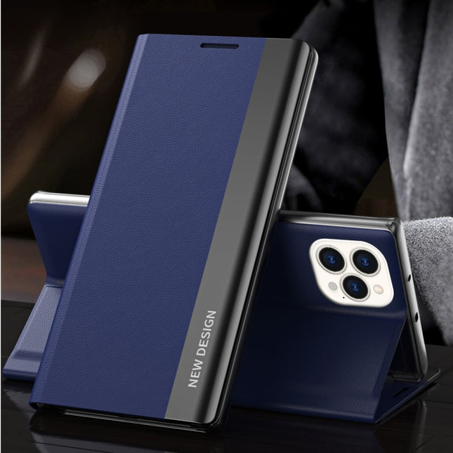 Side Electroplated Magnetic Ultra-Thin Horizontal Flip Leather Case with Holder For iPhone 13 Pro Max(Dark Blue)-garmade.com