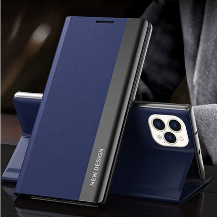 Side Electroplated Magnetic Ultra-Thin Horizontal Flip Leather Case with Holder For IPhone 13 Pro(Dark Blue)-garmade.com
