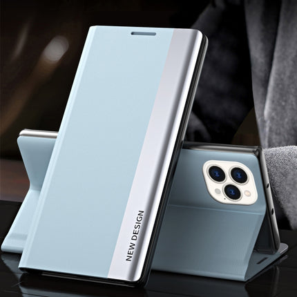 Side Electroplated Magnetic Ultra-Thin Horizontal Flip Leather Case with Holder For IPhone 13 Pro(Light Blue)-garmade.com
