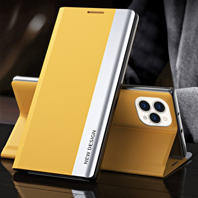 Side Electroplated Magnetic Ultra-Thin Horizontal Flip Leather Case with Holder For iPhone 13(Yellow)-garmade.com
