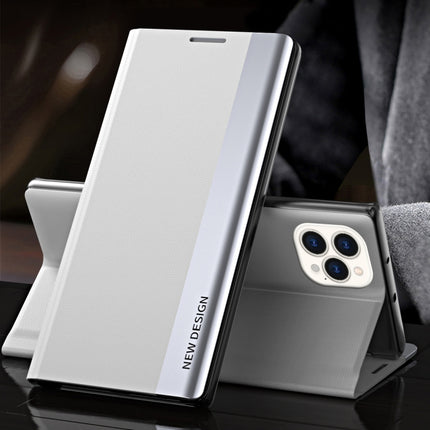 Side Electroplated Magnetic Ultra-Thin Horizontal Flip Leather Case with Holder For iPhone 13(Silver)-garmade.com