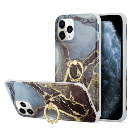 For iPhone 13 Pro Max Four Corners Shocproof Flow Gold Marble IMD Back Cover Case with Metal Rhinestone Ring(Black)-garmade.com