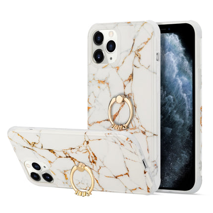 For iPhone 13 Pro Max Four Corners Shocproof Flow Gold Marble IMD Back Cover Case with Metal Rhinestone Ring(White)-garmade.com