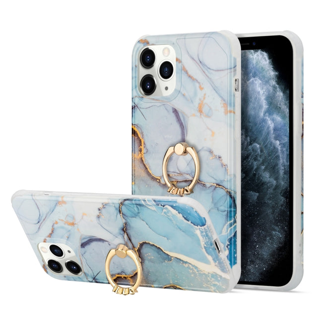 For iPhone 13 Pro Max Four Corners Shocproof Flow Gold Marble IMD Back Cover Case with Metal Rhinestone Ring(Light Blue)-garmade.com