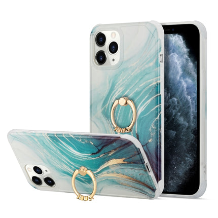 For iPhone 13 Pro Max Four Corners Shocproof Flow Gold Marble IMD Back Cover Case with Metal Rhinestone Ring(Green)-garmade.com