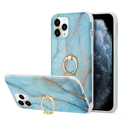 For iPhone 13 Pro Max Four Corners Shocproof Flow Gold Marble IMD Back Cover Case with Metal Rhinestone Ring(Blue)-garmade.com