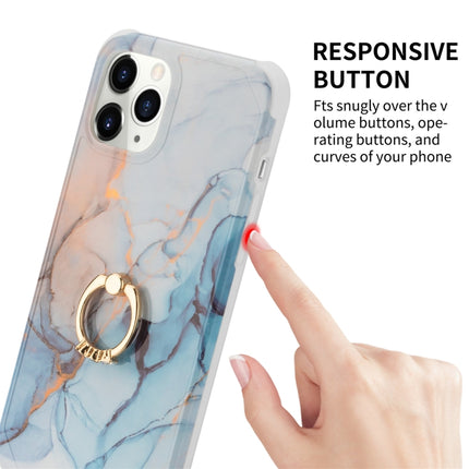 For iPhone 13 Pro Max Four Corners Shocproof Flow Gold Marble IMD Back Cover Case with Metal Rhinestone Ring(Blue)-garmade.com