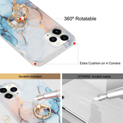 For iPhone 13 Pro Max Four Corners Shocproof Flow Gold Marble IMD Back Cover Case with Metal Rhinestone Ring(Light Blue)-garmade.com