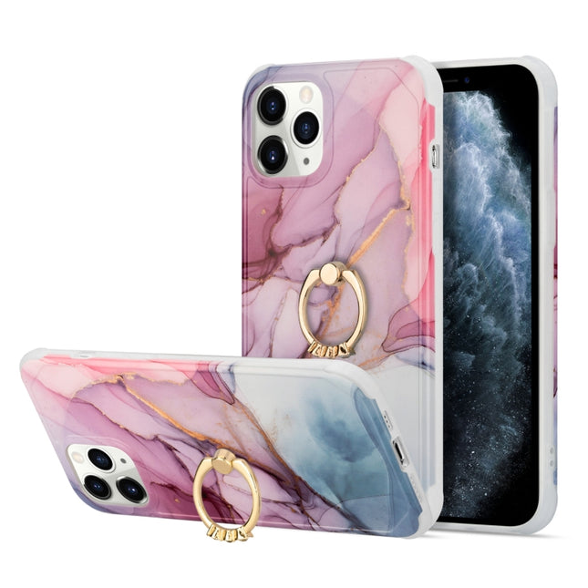 For iPhone 13 mini Four Corners Shocproof Flow Gold Marble IMD Back Cover Case with Metal Rhinestone Ring(Purple)-garmade.com
