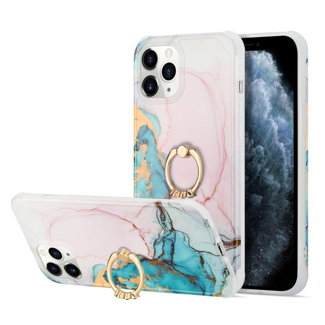 For iPhone 13 mini Four Corners Shocproof Flow Gold Marble IMD Back Cover Case with Metal Rhinestone Ring(Pink)-garmade.com