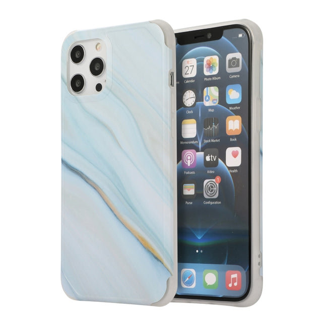 Four Corners Shocproof Flow Gold Marble IMD Back Cover Case For iPhone 13 Pro Max(Blue)-garmade.com