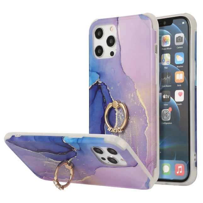 Four Corners Shocproof Flow Gold Marble IMD Back Cover Case with Metal Rhinestone Ring For iPhone 13 Pro Max(Dark Blue)-garmade.com