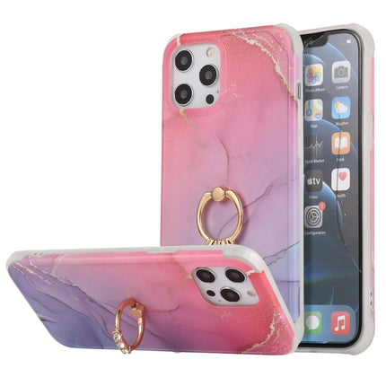 Four Corners Shocproof Flow Gold Marble IMD Back Cover Case with Metal Rhinestone Ring For iPhone 13 Pro Max(Magenta)-garmade.com
