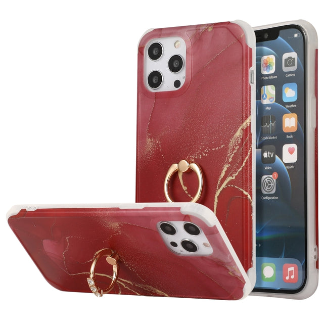 Four Corners Shocproof Flow Gold Marble IMD Back Cover Case with Metal Rhinestone Ring For iPhone 13 Pro Max(Red)-garmade.com