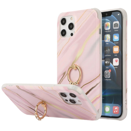 Four Corners Shocproof Flow Gold Marble IMD Back Cover Case with Metal Rhinestone Ring For iPhone 13 Pro Max(Pink)-garmade.com