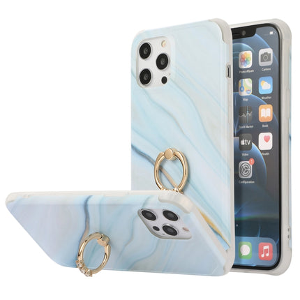 Four Corners Shocproof Flow Gold Marble IMD Back Cover Case with Metal Rhinestone Ring For iPhone 13 Pro Max(Blue)-garmade.com