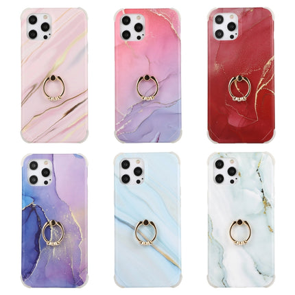 Four Corners Shocproof Flow Gold Marble IMD Back Cover Case with Metal Rhinestone Ring For iPhone 13 Pro(Blue)-garmade.com