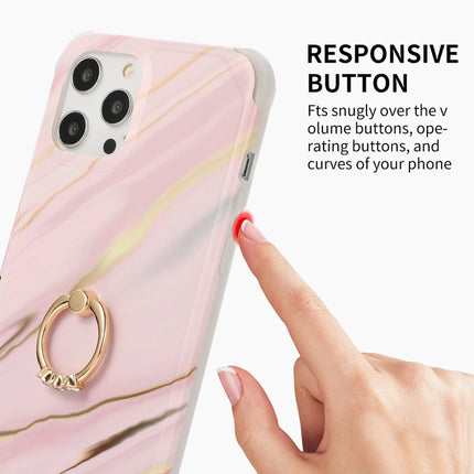 Four Corners Shocproof Flow Gold Marble IMD Back Cover Case with Metal Rhinestone Ring For iPhone 13 Pro(Dark Blue)-garmade.com