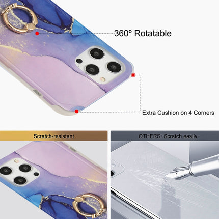 Four Corners Shocproof Flow Gold Marble IMD Back Cover Case with Metal Rhinestone Ring For iPhone 13 Pro(Blue)-garmade.com