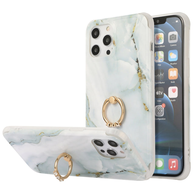 Four Corners Shocproof Flow Gold Marble IMD Back Cover Case with Metal Rhinestone Ring For iPhone 13(Gray)-garmade.com