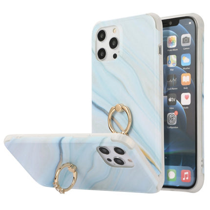 Four Corners Shocproof Flow Gold Marble IMD Back Cover Case with Metal Rhinestone Ring For iPhone 13(Blue)-garmade.com