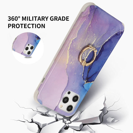 Four Corners Shocproof Flow Gold Marble IMD Back Cover Case with Metal Rhinestone Ring For iPhone 13(Pink)-garmade.com