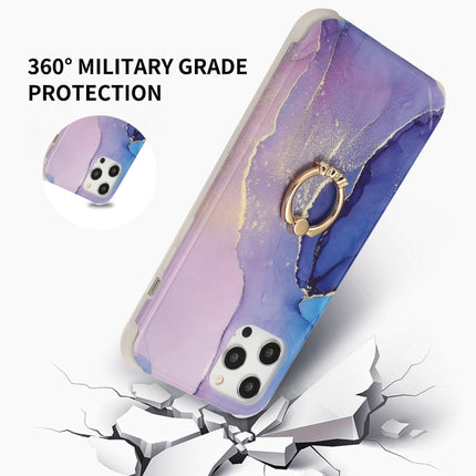 Four Corners Shocproof Flow Gold Marble IMD Back Cover Case with Metal Rhinestone Ring For iPhone 13 mini(Blue)-garmade.com