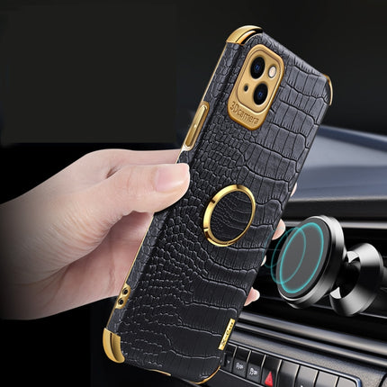 Electroplated TPU Crocodile Pattern Leather Case with Ring Holder For iPhone 13 Pro(Black)-garmade.com