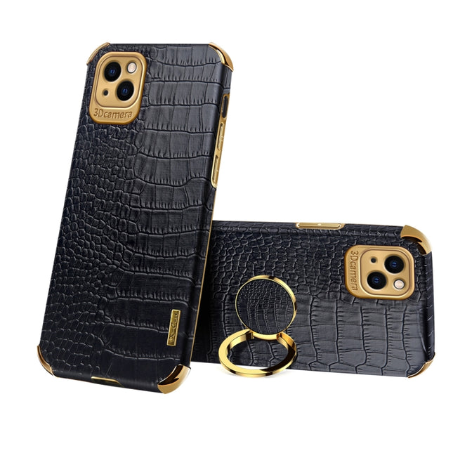 Electroplated TPU Crocodile Pattern Leather Case with Ring Holder For iPhone 13(Black)-garmade.com