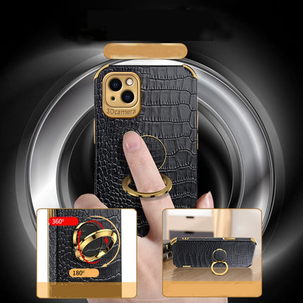 Electroplated TPU Crocodile Pattern Leather Case with Ring Holder For iPhone 13(Black)-garmade.com