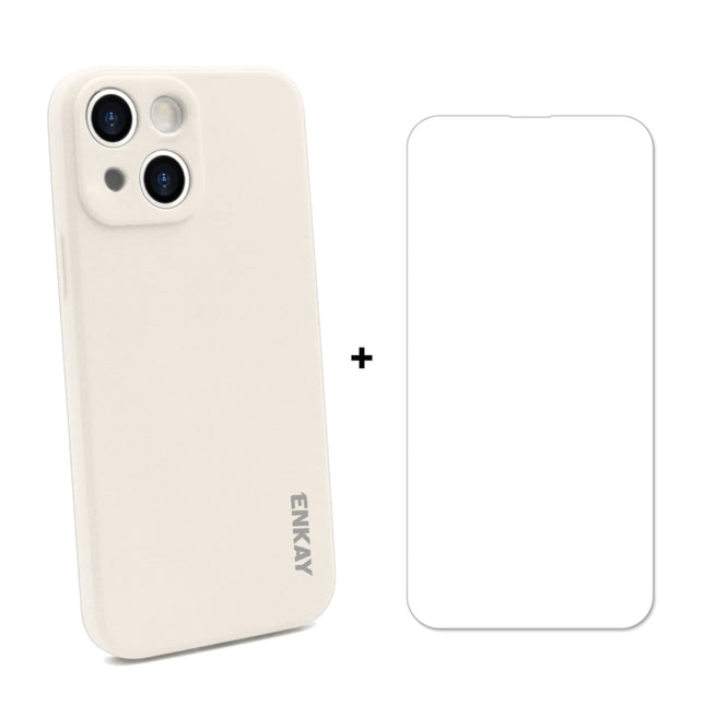 Hat-Prince ENKAY Liquid Silicone Shockproof Protective Case Drop Protection Cover + 9H Tempered Glass Screen Protector for iPhone 13 mini(Beige)-garmade.com
